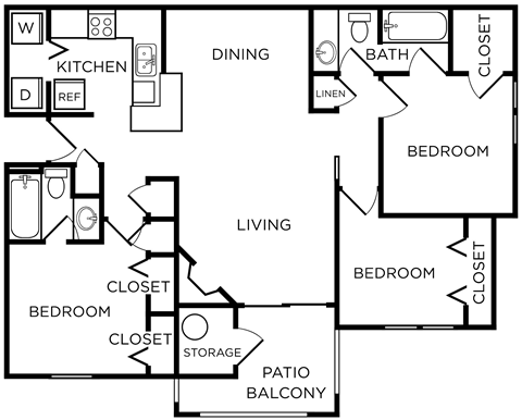 Floor plan for 3 beds, 2 baths, 1163 sqft